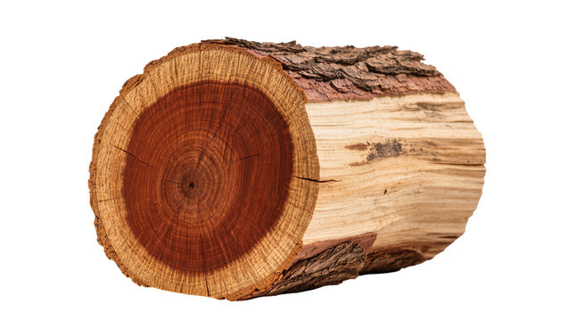 Isolated natural freshly cut wood log cross-section showcasing visible growth rings and rustic bark