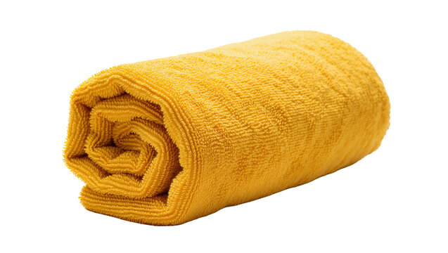 Isolated yellow microfiber towel rolled up, fluffy texture, soft fabric for cleaning