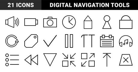 Fototapeta premium Universal interface line icon set. Vector pictograms of clock, battery, camera, house, speaker, tag, checkmark, lock, calendar, and headphones, thin outline illustration.