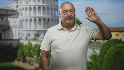 Man raises right hand in front of the leaning tower of pisa building, wearing polo, palm upright and gaze upward, senior hispanic tourist pose  travel nostalgia. © Krakenimages.com