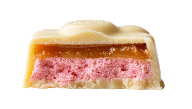 Isolated delicious cut white chocolate candy bar with gooey caramel and a vibrant pink filling.