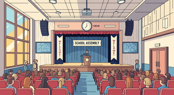 School Assembly Hall with Students and Speaker on Stage, Pixel Art Style