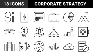Fototapeta premium Business line icon set. Vector pictograms of briefcase, lightbulb, analytics, calculator, globe, building, and organizational chart, thin outline illustration.