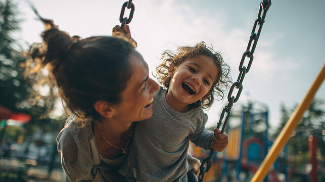 parent pushing happy child on playground swing at golden hour, joyful family bonding outdoor activity in sunny park, heartwarming father and daughter moment on swing set