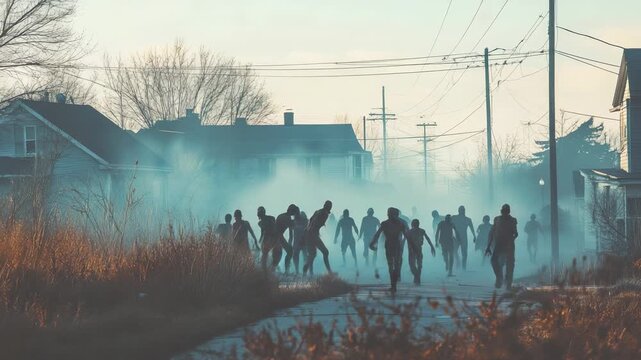 Massive zombie horde racing through misty post apocalyptic suburban streets, overwhelming landscape with terrifying movement signaling imminent danger and total urban collapse