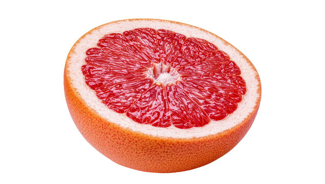 Isolated vibrant juicy ripe red grapefruit half citrus fruit cross section ready to eat