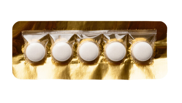 Isolated blister pack with five white round pills in clear plastic on golden foil packaging