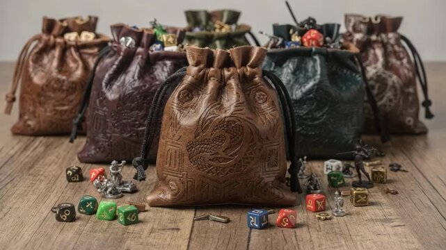 Medium shot capturing patterned leather drawstring pouches featuring intricate designs blending style and functionality for storing dice and roleplaying game essentials.