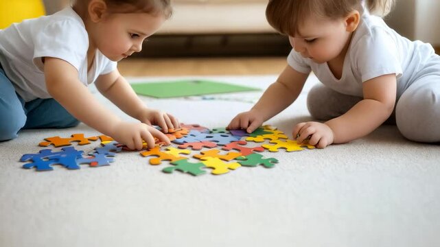 Two baby girls are sitting on the floor, assembling a colorful jigsaw puzzle, developing their problem solving skills and having fun together in a cozy home environment