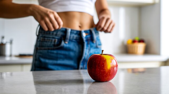 Apple in front of slim female body healthy diet nutrition and weight loss concept
