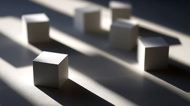 Abstract composition of minimal white cubes scattered on a light surface with strong, contrasting shadows and natural window light