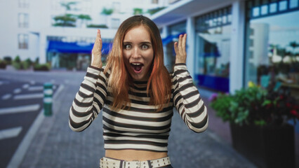 Fototapeta premium Woman with midriff visible wearing striped top smiling with eyes closed and raised hands on a street; joy.
