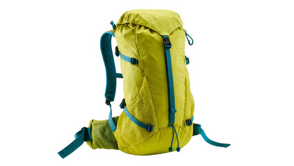 Isolated modern outdoor trekking backpack with vibrant lime green and blue straps and buckles,...