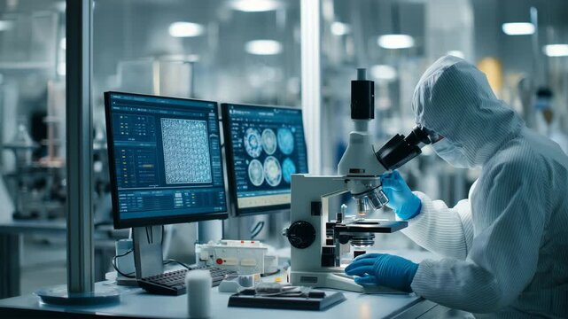 日本人のシニア研究者が作業台でデータ画面を確認しながら操作を行う