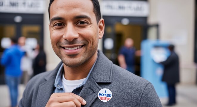 Happy man wearing I voted sticker on jacket after casting ballot. Male voter standing outside polling station. Civic engagement and democracy participation concept. Election day event.