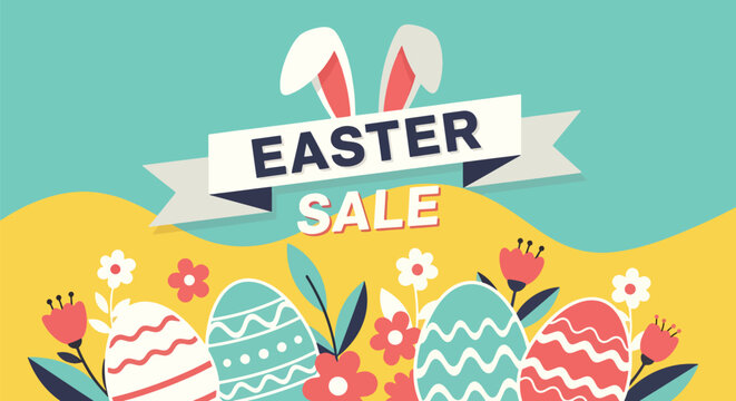 Easter sale banner featuring decorated eggs, bunny elements, and bold promotional typography space in flat solid color vector style