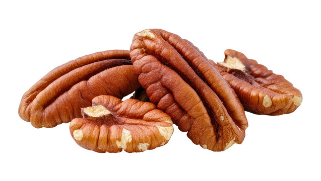 Isolated delicious shelled pecan halves and pieces, healthy crunchy snack food rich in nutrients