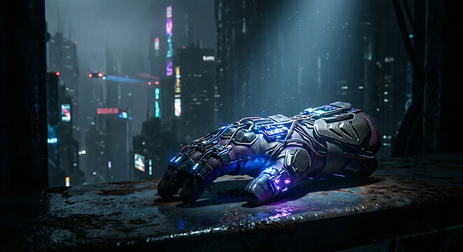 A close-up cinematic shot of a gloved hand wearing a futuristic cyberpunk data interface glove, glowing with blue and purple LEDs, resting on a corroded metal railing against a blurred neon mega-city 