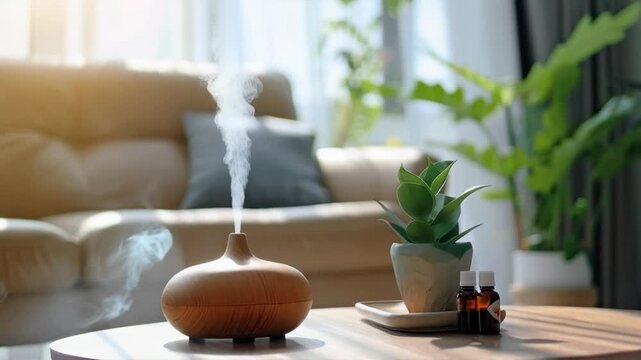 In the bright living room, an aroma diffuser is quietly at work, creating a peaceful atmosphere that is ideal as a backdrop for an illustration of relaxation or meditation.
