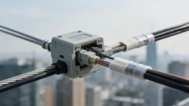 Medium shot of aerial strand splice closure preparation emphasizing precise cable alignment and sealing while the urban skyline remains out of focus.