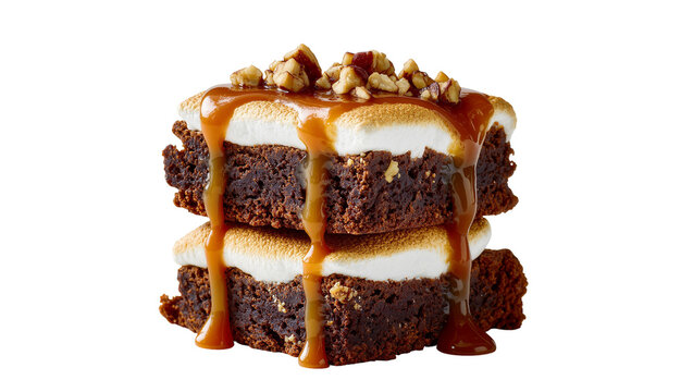Isolated stacked brownies with toasted marshmallows, gooey caramel drizzle, and chopped nuts