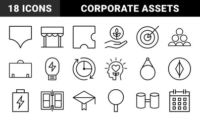 Fototapeta premium Business and productivity line icon set. Vector pictograms of target, lightbulb, calendar, battery, briefcase, and compass, thin outline illustration.