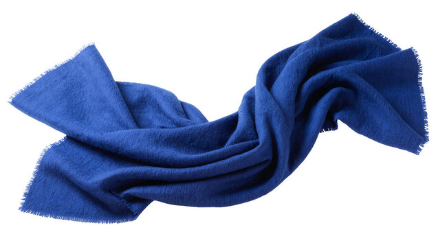 Isolated royal blue soft textile scarf with fringe, elegant and cozy fashion accessory