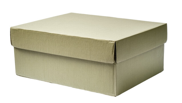 Isolated closed plain empty cardboard packaging box in three-quarter perspective view
