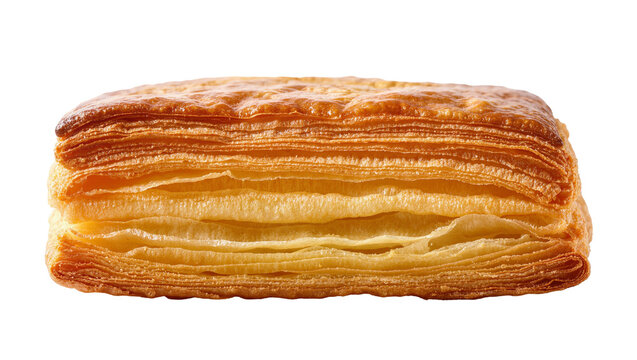Isolated perfectly baked golden-brown layered puff pastry snack or sweet dessert item