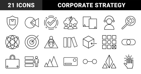 Fototapeta premium Business and management line icon set. Vector pictograms of target, winner, cloud, network, mountain, shield, cube, and gear, thin outline illustration.
