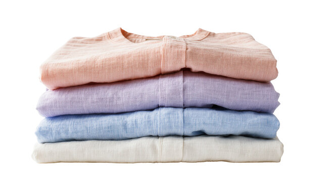 Isolated stack of neatly folded soft casual shirts in delicate pastel colors and natural fabric
