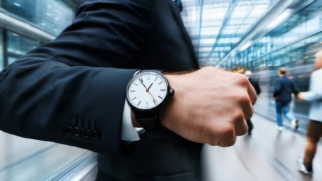 Businessman wearing suit checking the time on his wristwatch while rushing through a busy airport terminal, emphasizing punctuality and business travel