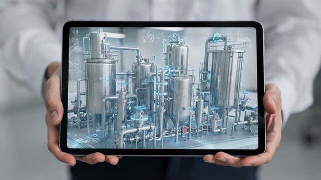 Medium shot of a digital twin overlay on tablet showcasing interactive virtual design of chemical plant equipment for process optimization.