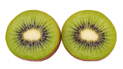 Fototapeta premium Isolated two juicy kiwi fruit halves displaying vibrant green pulp, black seeds and white core