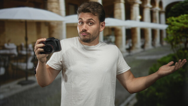 Man holding camera and shrugging with open palms on a street terrace outdoors in a white tee, casual expression; uncertainty question curiosity.