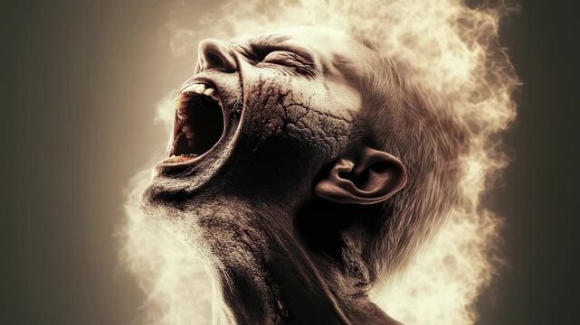 Dark skinned undead man screaming, skin cracking and burning, revealing intense horror of apocalyptic suffering through rising smoke and consuming flames