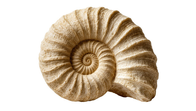 Isolated ancient ammonite fossil shell showing intricate ribbed texture and perfect spiral shape