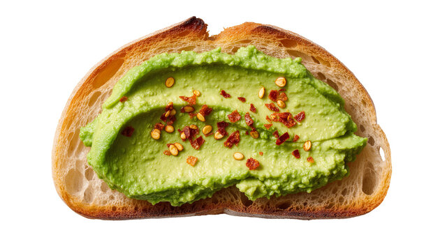 Isolated Slice of toasted sourdough bread with vibrant green avocado spread and red chili flakes