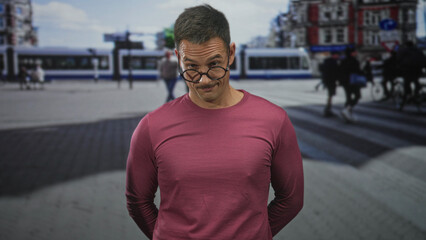 Fototapeta premium Man with glasses and moustache smirks, tilts his head and keeps hands behind his back on a busy street crosswalk among trams and cyclists; playful mischief.