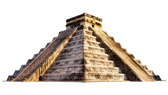 Isolated ancient Mayan pyramid El Castillo at Chichen Itza, iconic historic pre-Columbian structure