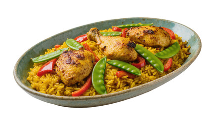 Fototapeta premium Isolated delicious chicken and yellow rice meal with red bell peppers and green snap peas in a serving bowl