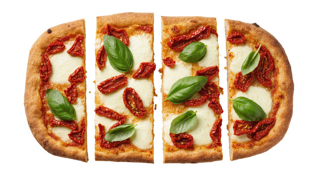 Isolated gourmet pizza slices with mozzarella cheese, sun-dried tomatoes, and fresh basil