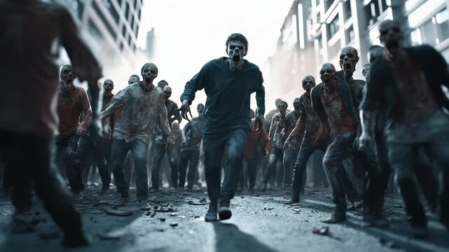 Desperate survivor sprinting through desolate urban landscape, evading relentless zombie horde threatening survival in post apocalyptic nightmare scenario of overwhelming chaos and imminent danger