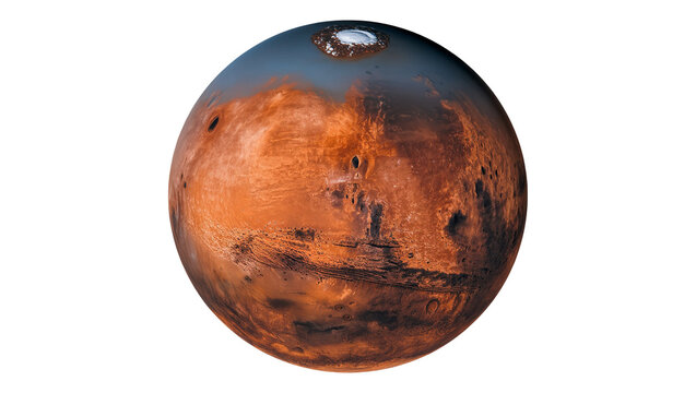 Isolated realistic detailed full view of the planet Mars with polar ice cap in outer space.