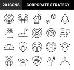 Fototapeta premium Business management icon set. Vector pictograms of strategy, data, roadmap, vision, leadership, achievement, and teamwork, thin outline illustration.