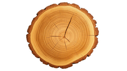 Isolated tree trunk cross section showcasing natural wood grain, distinct annual growth rings, and bark © Corman