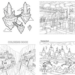 Obraz premium Waterfall jungle scene outline coloring page, tropical nature vector art, coloring book