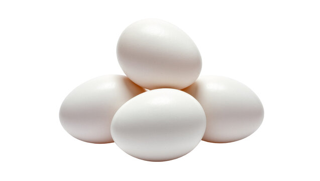 Isolated fresh raw white chicken eggs stacked in a pile, healthy farm produce ingredient