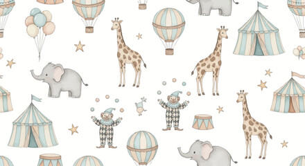whimsical circus scene with giraffes elephants clowns hot air balloons and tents © Nisitha