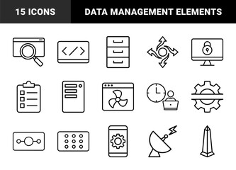 Fototapeta premium Technology and data management line icon set. Vector pictograms of server, database, browser, coding, search, security, and interface elements, thin outline illustration.